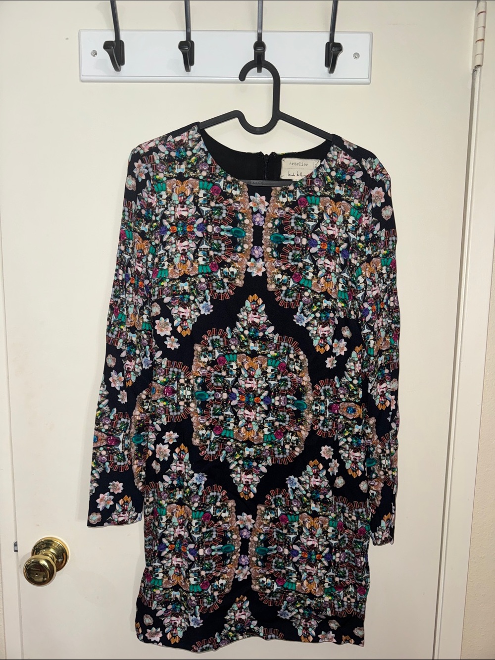 Nicole Miller Black Long-Sleeve Mosaic Floral Shift Dress